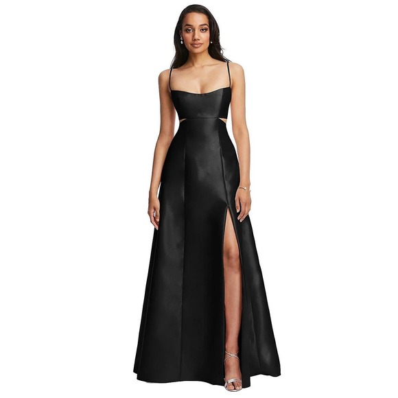 Alfred Sung Gown Dress Black Satin Maxi Cut Out Sleeveless Slit D840 - Picture 1 of 15